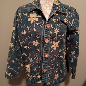 New Directions Blue Embroidered Denim Shirt Jacket with Cream Floral Accents. M